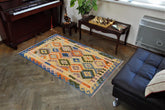 Flat Weave Kilim Antique Navaho Vintage handmade Geometric Kilim Beige Blue Hand-Woven Rectangle 100% Wool Area Rug 4x5